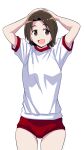  1girl arms_up brown_eyes brown_hair buruma commentary cowboy_shot girls_und_panzer gym_shirt gym_uniform hands_on_own_head highres looking_at_viewer parted_bangs ponzu_rui red_buruma sawa_azusa shirt short_hair short_sleeves simple_background solo standing t-shirt white_background 