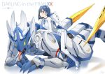  1girl :| blue_hair blush bob_cut bodysuit breasts character_name chicke_iii closed_mouth commentary copyright_name darling_in_the_franxx delphinium_(darling_in_the_franxx) from_side full_body green_eyes hair_between_eyes hair_ornament hairclip highres hood hood_down ichigo_(darling_in_the_franxx) leaning_forward looking_at_viewer looking_to_the_side mecha on_mecha pilot_suit reflection robot serious short_hair small_breasts solo symbol-only_commentary tongue tongue_out v-shaped_eyebrows white_background white_bodysuit 