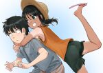  1boy 1girl absurdres arms_around_neck black_hair black_shorts blue_background blue_eyes closed_mouth collared_shirt constricted_pupils feet flip-flops frown gradient_background hat highres hug hug_from_behind inu_chikushou leaning_forward low_twintails orange_tank_top original sandals shirt short_hair short_sleeves shorts standing standing_on_one_leg surprise_hug surprised sweat tan tank_top tanlines tomboy twintails 