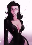  1girl absurdres black_dress black_hair blue_eyes breasts cleavage colored_shadow cowboy_shot dress earrings english_commentary highres jewelry long_hair long_sleeves looking_to_the_side nico_robin one_piece petals shadow shuravf smile solo watermark 