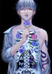  1boy black_background black_snake bone flower glint halo holding holding_flower kurakichi36 light_particles male_focus open_clothes original petal_on_face petals pink_flower poppy_(flower) purple_flower ribs see-through short_hair skeleton snake sparkle transparent 