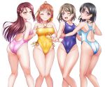  4girls absurdres ahoge ass black_hair blue_eyes blue_one-piece_swimsuit breasts casual_one-piece_swimsuit commission competition_swimsuit grey_hair half_updo highres long_hair love_live! love_live!_sunshine!! medium_breasts mibushiro multiple_girls one-piece_swimsuit one_eye_closed open_mouth orange_eyes orange_hair pink_one-piece_swimsuit pixiv_commission purple_eyes red_eyes sakurauchi_riko short_hair smile swimsuit takami_chika watanabe_tsuki watanabe_you white_one-piece_swimsuit yellow_one-piece_swimsuit 