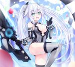  1girl absurdres bare_shoulders black_heart blush breasts cleavage elbow_gloves giga-tera gloves green_eyes grey_legwear highres holding holding_weapon kami_jigen_game_neptune_v leotard long_hair looking_at_viewer medium_breasts neptune_(series) power_symbol smile solo symbol-shaped_pupils thighhighs twintails very_long_hair weapon white_hair 