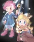  1boy 1girl blonde_hair blue_eyes blue_hood boney boots child deeeen555 dog fireball hood hoodie kumatora lucas_(mother_3) mother_(game) ness_(mother_2) open_mouth pink_background pink_footwear pink_hair shirt short_hair smile striped_clothes t-shirt 