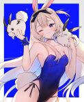  1girl :3 animal_ears artist_logo black_bow black_panties blonde_hair blue_background blue_choker blue_eyes blue_leotard blue_nails bow breasts choker creature double-parted_bangs fingernails hair_bow highres indie_virtual_youtuber leotard light_blush long_hair one_eye_closed one_side_up panties rabbit_ears rabbit_girl rabbit_tail side-tie_panties small_breasts smile solo sparkle string_panties tail underwear very_long_hair virtual_youtuber yenko_(vtuber) yenkoes 
