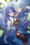  1girl afloat animal_print artist_name bird_print black_leggings blue_dress blue_eyes blue_hair china_dress chinese_clothes chinese_text cleavage_cutout closed_mouth clothing_cutout da_da_hua_niang_ya dress earrings fu_hua fu_hua_(blue_swallow) fu_hua_(valkyrie_accipiter) grey_hair hair_between_eyes highres honkai_(series) honkai_impact_3rd jewelry leggings long_hair low-tied_long_hair low_ponytail official_alternate_costume on_water partially_shaded_face plant ponytail shaded_face shadow simplified_chinese_text single_earring sleeveless sleeveless_dress solo tassel tassel_earrings thighs torn_clothes torn_leggings water 