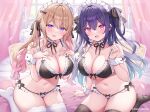  2girls :d arm_strap bare_shoulders black_ribbon black_thighhighs blonde_hair blush breasts collarbone colored_inner_hair commentary_request hair_ornament hair_ribbon hands_on_own_chest indoors kneeling large_breasts long_hair maid maid_headdress multicolored_hair multiple_girls navel on_bed open_mouth original pink_eyes pink_hair purple_eyes purple_hair ribbon shiono_(0303) smile stomach thighhighs thighs white_headwear white_thighhighs 