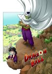  2boys black_hair cape colored_skin commentary_request copyright_name crossed_arms dougi dragon_ball dragon_ball_z green_skin highres landscape medium_hair mikidai7 multiple_boys no_eyebrows pants piccolo purple_pants purple_shirt shirt sitting sleeveless sleeveless_shirt son_gohan standing star_(symbol) white_cape 