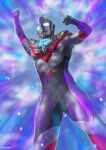  1boy armor blue_eyes blue_sky clenched_hands color_timer commentary_request forehead_jewel glowing glowing_eyes highres male_focus official_art outstretched_arm pose shoulder_armor shoulder_pads sky tokusatsu ultra_series ultraman_orb ultraman_orb_(series) yasukuni_kazumasa 