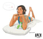  1girl absurdres apex_legends asian black_hair blue_nails blue_shorts blue_tank_top breasts brown_eyes cleavage conduit_(apex_legends) copyright_name dark-skinned_female dark_skin english_text freckles hair_behind_ear heart highres logo looking_to_the_side lying making-of_available nessie_(respawn) on_stomach pillow short_hair short_shorts shorts soles solo soyun_won stuffed_toy tank_top the_pose tongue tongue_out 