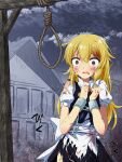  1girl absurdres apron black_skirt black_vest blonde_hair blood blood_on_face bound bow braid brown_eyes bruise chain clenched_hands crying cuffs from_side gallows hair_bow handcuffs highres house injury kirisame_marisa long_hair open_mouth outdoors puffy_short_sleeves puffy_sleeves restrained rope ryona scared shackles shirt short_sleeves single_braid skirt solo standing tears torn_clothes touhou trembling tsuukinkaisoku_oomiya vest waist_apron white_bow yellow_eyes 