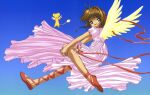  1girl absurdres brown_hair cardcaptor_sakura child dress green_eyes highres incredibly_absurdres kero kinomoto_sakura magical_girl official_art open_mouth pink_dress red_footwear short_hair simple_background wings 