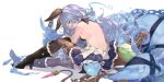  1girl animal_ears back bare_back beppo_(granblue_fantasy) black_footwear blue_hair blue_skirt boots breasts brown_thighhighs chain coffee1223 erune ferry_(granblue_fantasy) from_behind fugee_(granblue_fantasy) geegee_(granblue_fantasy) granblue_fantasy highres long_hair looking_at_viewer looking_back medium_breasts momo_(granblue_fantasy) nicola_(granblue_fantasy) sideboob simple_background sitting skirt thighhighs thighs white_background 