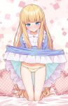  1girl ass_visible_through_thighs blonde_hair blue_dress blue_eyes blush bow bow_panties closed_mouth clothes_lift commentary_request dress dress_lift frilled_dress frilled_pillow frills groin heart heart-shaped_pillow highres kneeling lifted_by_self long_hair long_sleeves looking_at_viewer nenosame nose_blush original panties pillow polka_dot_pillow smile solo thigh_gap underwear very_long_hair yellow_panties 