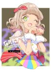  1girl ;d bow brown_hair dark-skinned_female dark_skin green_eyes hair_bow hands_up idol_clothes looking_at_viewer mole mole_under_mouth one_eye_closed open_mouth pretty_series pripara red_bow shirt short_hair short_sleeves smile solo taiyo_pepper tulaca_(pixiv) upper_body white_shirt wrist_cuffs 