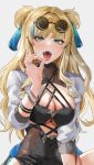  1girl absurdres anzu0130 black_leotard blonde_hair blue_eyes blush breasts cleavage eyewear_on_head highres honkai_(series) honkai_impact_3rd jacket large_breasts leotard long_hair looking_at_viewer open_mouth solo songque_(honkai_impact) tassel tongue tongue_out two_side_up white_jacket 