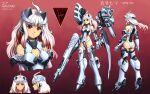  ahoge armor armored_core armored_core_6 ayre_(armored_core_6) colored_inner_hair from_behind from_side full_body headgear highres long_hair looking_at_viewer mecha_musume multicolored_hair multiple_views personification red_eyes red_hair standing substance20 two-tone_hair veins white_hair 