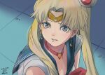  1girl 2020 absurdres bangs bishoujo_senshi_sailor_moon blonde_hair blue_sailor_collar breasts choker circlet cleavage crescent crescent_earrings dated derivative_work earrings grey_eyes grey_shirt hair_bun hair_intakes heart heart_choker highres jewelry long_hair magical_girl meme parted_lips peropicnic red_choker sailor_collar sailor_moon sailor_moon_redraw_challenge_(meme) sailor_senshi_uniform sailor_shirt screencap_redraw shirt signature small_breasts solo tsukino_usagi twintails upper_body very_long_hair 