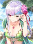  1girl armlet bangs bare_shoulders bikini blush bracelet braid braided_ponytail breasts cleavage collarbone commentary earrings fate/grand_order fate_(series) flower frills green_bikini green_vest hair_flower hair_ornament hair_ribbon highres hood hooded_vest hoodie jewelry kama_(fate) kama_(swimsuit_avenger)_(fate) large_breasts long_hair looking_at_viewer lotus navel necklace pendant red_eyes ribbon silver_hair solo swimsuit thighs tyone vest 