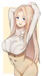  1girl :d absurdres arms_behind_head ascot blonde_hair blue_eyes border breasts buttons commentary_request commission fire_emblem fire_emblem:_three_houses highres large_breasts long_hair mercedes_von_martritz open_mouth oruru63100814 outside_border simple_background skeb_commission smile solo standing teeth upper_teeth_only white_ascot white_border yellow_background 