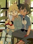  2boys ahoge alarm_clock ash_ketchum blonde_hair blue_jacket brown_eyes clemont_(pokemon) clock closed_mouth commentary_request glasses highres holding indoors jacket jumpsuit male_focus multiple_boys pants pokemon pokemon_(anime) pokemon_xy_(anime) repairing round_eyewear shirt shoes short_hair sitting suikaels window 