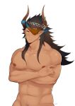  1boy abs absurdres animal_ears bara black_hair blush completely_nude cow_boy cow_ears cow_horns cowboy_shot crossed_arms dark-skinned_male dark_skin ear_piercing eyepatch fujimachine_(clayten) granblue_fantasy highres horns large_pectorals long_hair looking_at_viewer male_focus male_pubic_hair muscular muscular_male navel navel_hair nipples nude out-of-frame_censoring pectorals piercing pubic_hair reinhardtzar sideburns solo stomach white_background 