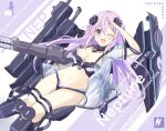  1girl absurdres adult_neptune armor bangs bikini_armor bimmy blush breasts cleavage d-pad d-pad_hair_ornament english_commentary eyebrows_visible_through_hair gun hair_between_eyes hair_ornament highres holding holding_gun holding_weapon long_hair looking_at_viewer medium_breasts navel neptune_(series) one_eye_closed open_clothes open_mouth open_shirt purple_eyes purple_hair rigging salute see-through_shirt short_sleeves sidelocks smile solo thigh_strap weapon 