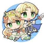  1boy 1girl :d :o alfred_(fire_emblem) blonde_hair blue_cape blush_stickers book brother_and_sister butterfly_hair_ornament cape celine_(fire_emblem) chibi chibi_only crown dress fire_emblem fire_emblem_engage flower green_dress green_eyes hair_flower hair_ornament highres holding holding_book holding_polearm holding_weapon long_hair open_mouth polearm ponu_(deresuteponu) short_hair siblings smile twitter_username very_long_hair weapon 