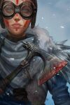  1other androgynous apex_legends axe blood blood_on_weapon bloodhound_(apex_legends) blue_eyes blue_jacket brown_headwear eleonora_lisi english_commentary feather-trimmed_jacket feathers fur-trimmed_jacket fur_trim goggles highres holding holding_axe jacket looking_at_viewer official_alternate_costume raven&#039;s_bite snowing solo straight-on weapon young_blood_bloodhound 