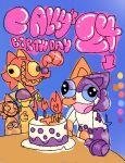 birthday birthday_cake birthday_candle butters_(theenyface) cake cally_(theenyface) color_swatch dessert dream_eater_(theenyface) fire food fur furniture happy lazy_eye messy orange_body orange_fur purple_body purple_fur red_body silly silly_face smile table text theenyface white_body yellow_body