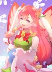  1girl animal_ears bare_shoulders easter egg fairy fairy_wings fake_animal_ears fire_emblem fire_emblem_heroes green_skirt mirabilis_(fire_emblem) mirabilis_(spring)_(fire_emblem) official_alternate_costume pink_hair pointy_ears purple_eyes rabbit rabbit_ears riou_(pooh920) skirt sleeves_past_fingers sleeves_past_wrists solo very_long_sleeves wings 