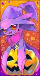 2008 ambiguous_gender blush digital_media_(artwork) fangs food front_view fruit fur generation_4_pokemon gradient_background jack-o&#039;-lantern kemono looking_aside low_res mismagius neck_tuft nintendo no_pupils open_mouth open_smile orange_background plant pokemon pokemon_(species) pumpkin purple_background purple_body purple_fur red_eyes shaded simple_background smile solo sparkles star_symbol suppainu teeth tuft