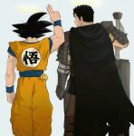  2boys armor baggy_pants berserk biceps black_cape black_hair blue_sash blue_shirt blue_wristband cape commentary dougi dragon_ball dragon_ball_(object) dragonslayer_(sword) english_commentary facing_away from_behind gauntlets guts_(berserk) halo hand_up highres holding holding_sword holding_weapon leg_armor male_focus multiple_boys muscular muscular_male orange_pants pants sash shirt short_hair short_sleeves shoulder_armor simple_background son_goku spiked_hair sword waving weapon white_background wristband yoracrab 