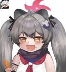  1girl :d ahoge animal_ears bare_shoulders black_ribbon black_scarf blue_archive brown_eyes commentary_request dokomon fang food food_on_face grey_hair hair_intakes hair_ornament hair_ribbon halo highres holding holding_food korean_commentary long_hair michiru_(blue_archive) neckerchief raccoon_ears red_neckerchief ribbon scarf shirt short_eyebrows simple_background sleeveless sleeveless_shirt smile thick_eyebrows twintails upper_body v-shaped_eyebrows white_background white_shirt 