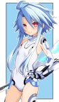  1girl ahoge bare_shoulders blush breasts elbow_gloves gloves hair_between_eyes iwashi_dorobou_-r- leotard light_blue_hair looking_at_viewer neptune_(series) power_symbol red_eyes short_hair_with_long_locks small_breasts solo symbol-shaped_pupils thighhighs white_gloves white_heart white_leotard 