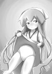  1girl absurdres breasts cameltoe clothes_lift dress dress_lift embarrassed hat highres ikamusume k.u.n.e. long_hair monochrome one-piece_swimsuit shinryaku!_ikamusume skirt skirt_lift small_breasts solo swimsuit tentacle_hair thighs 