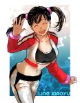  &gt;_&lt; 1girl :d breasts character_name crop_top cropped_jacket from_side highres jacket ling_xiaoyu midriff navel open_clothes open_jacket open_mouth pants ponytail red_footwear red_jacket side_ponytail simple_background smile solo sweatpants tekken tekken_4 tooyahh twintails white_pants xd 