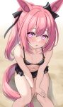  1girl alternate_costume animal_ears bikini black_bow blurry blurry_background blush bow breasts chestnut_mouth collarbone commentary_request ear_bow hair_ornament haru_urara_(umamusume) highres horse_ears horse_tail kibihimi long_hair looking_at_viewer navel pink_eyes pink_hair ponytail sand sitting small_breasts solo swimsuit tail umamusume 