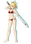  1girl bangs barefoot bikini blonde_hair breasts cleavage collarbone fate/apocrypha fate_(series) front-tie_bikini front-tie_top full_body green_eyes grin groin hair_between_eyes hair_ornament hair_scrunchie hand_on_hip long_hair looking_at_viewer mordred_(fate) mordred_(fate/apocrypha) navel ponytail red_bikini red_scrunchie scrunchie side-tie_bikini sideboob simple_background small_breasts smile solo standing swimsuit tachi-e white_background yustinos 