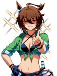  1girl agnes_tachyon_(lunatic_lab)_(umamusume) agnes_tachyon_(umamusume) ahoge animal_ears bikini black_bikini black_gloves blue_shorts breasts brown_eyes brown_hair commentary_request cowboy_shot criss-cross_halter ear_ornament from_below gloves green_jacket grin groin guliguli_056 hair_between_eyes halterneck hand_on_own_hip highres horse_ears horse_girl horse_tail huge_ahoge jacket micro_shorts midriff navel official_alternate_costume official_alternate_hairstyle pointing pointing_at_viewer shaded_face short_ponytail shorts single_glove sketch smile solo strap_pull swimsuit tail tied_jacket torn_clothes torn_shorts umamusume 