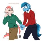 anthro blue_body blue_fur blue_hair blue_tail clothing coral_reef_(oc) crystal_pony_(mlp) duo earth_pony equid equine eyewear friendship_is_magic fur glasses hair hand_holding hasbro historia hoodie horse male mammal my_little_pony nervous pony redxbacon sign_language sweater tail topwear