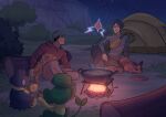  2boys absurdres berry_(pokemon) bianca_milanez black_hair brown_pants campfire character_request check_character dachsbun eating eye_contact food grey_hair grey_sweater haikyuu!! highres holding holding_food jacket kita_shinsuke ladle log looking_at_another male_focus multiple_boys munchlax nickit night outdoors pansage pants pecha_berry plate poke_ball_symbol pokemon pokemon_(creature) red_jacket rotom sitrus_berry sky smile star_(sky) starry_sky suna_rintarou sweater tent tree zipper 