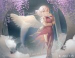  1girl breasts dress feathered_wings furahata_gen grey_hair grey_jacket hair_between_eyes highres jacket kishin_sagume long_sleeves looking_at_viewer medium_breasts open_clothes open_jacket purple_dress red_eyes short_hair single_wing solo touhou white_wings wings 