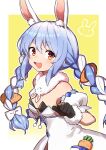  1girl :d absurdres animal_ear_fluff animal_ears bangs black_gloves blue_hair bow braid breasts carrot_hair_ornament commentary_request detached_sleeves don-chan_(usada_pekora) dress eyebrows_visible_through_hair food-themed_hair_ornament gazacy_(dai) gloves hair_bow hair_ornament highres hololive long_hair looking_at_viewer multicolored_hair open_mouth puffy_short_sleeves puffy_sleeves rabbit_ears red_eyes short_eyebrows short_sleeves simple_background small_breasts smile solo strapless strapless_dress thick_eyebrows twin_braids twintails two-tone_hair upper_body usada_pekora virtual_youtuber white_bow white_dress white_hair 