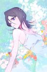  1girl alternate_costume bare_arms bare_shoulders black_hair bleach closed_mouth dress highres jou_(jo_jjo) kuchiki_rukia pale_skin purple_eyes sleeveless sleeveless_dress solo sundress upper_body white_dress 