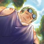  1boy bara blue_sky blue_tank_top day from_below goggles goggles_on_head green_hair highres large_pectorals looking_down male_focus meme nipple_slip nipples one_piece outdoors parted_lips pectorals roronoa_zoro short_hair sideburns sky solo tank_top terufong upper_body 