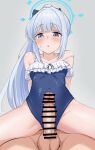  1boy 1girl 4jiri absurdres bar_censor bare_arms bare_legs bare_shoulders blue_archive blue_halo blue_one-piece_swimsuit blush casual_one-piece_swimsuit censored frilled_one-piece_swimsuit frills girl_on_top grey_background grey_hair halo highres long_hair miyako_(blue_archive) miyako_(swimsuit)_(blue_archive) off-shoulder_one-piece_swimsuit off_shoulder official_alternate_costume official_alternate_hairstyle one-piece_swimsuit parted_lips penis ponytail purple_eyes simple_background swimsuit 