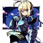  1girl ahoge armor armored_dress artoria_pendragon_(fate) blonde_hair braid commentary_request dress excalibur_(fate/stay_night) fate/stay_night fate_(series) fujimoto_hideaki gauntlets green_eyes hair_ribbon looking_at_viewer lowres ribbon saber short_hair solo sword weapon 