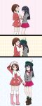  2girls absurdres adjusting_scarf asatsuki_(fgfff) bangs beanie black_hair blush bob_cut boots brown_eyes brown_footwear brown_hair buttons cable_knit cardigan closed_mouth coat cosplay costume_switch dawn_(pokemon) dawn_(pokemon)_(cosplay) dress gloria_(pokemon) gloria_(pokemon)_(cosplay) green_headwear green_legwear grey_cardigan hand_up hat highres hooded_cardigan long_hair long_sleeves multiple_girls over-kneehighs pink_dress pink_footwear plaid plaid_legwear pokemon pokemon_(game) pokemon_dppt pokemon_platinum pokemon_swsh red_coat scarf short_hair socks tam_o&#039;_shanter thighhighs white_headwear white_legwear white_scarf 