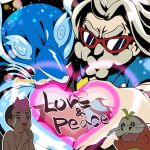  2boys :d beard blonde_hair blue_shirt blush commentary_request crying dark-skinned_male dark_skin facial_hair fuecoco hands_up happy_tears heart heart_hands heart_hands_duo ludlow_(pokemon) male_focus matsuno_opa multicolored_hair multiple_boys open_mouth palafin pokemon pokemon_(anime) pokemon_(creature) pokemon_horizons red-framed_eyewear roy_(pokemon) shirt short_hair short_sleeves smile streaming_tears sunglasses tears topless_male twitter_username two-tone_hair 